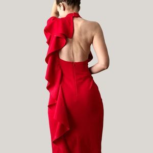 Adrianna Papell Red Waterfall Dress Glam High Neck Formal Gown Ruffle Valentines
